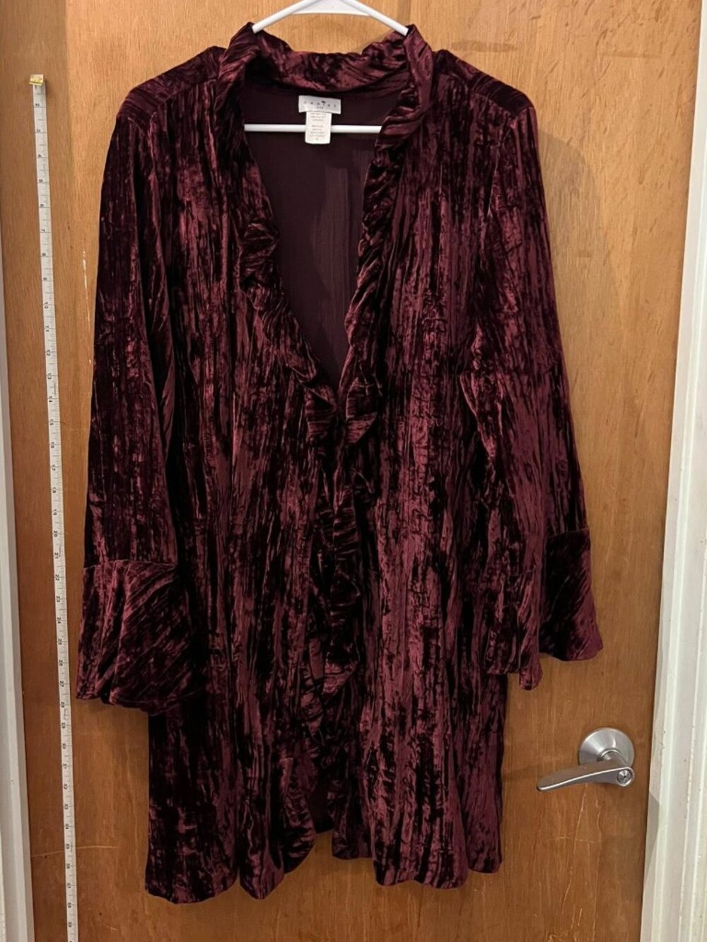 Size 1X - Caribe - Maroon Velour Blouse w/Ruffles and Bell Sleeves